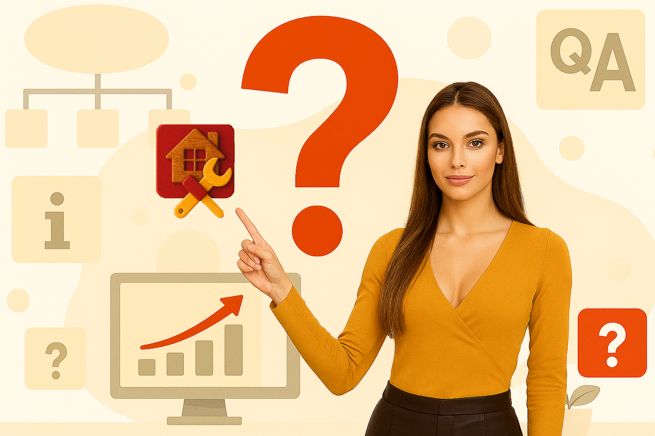 Vizuelni prikaz stranice sa čestim pitanjima — odgovori, pomoć i usluge na jednom mestu Devojka u žutoj bluzi pokazuje ka ikoni kućice sa alatom, okružena digitalnim simbolima pitanja i informacija