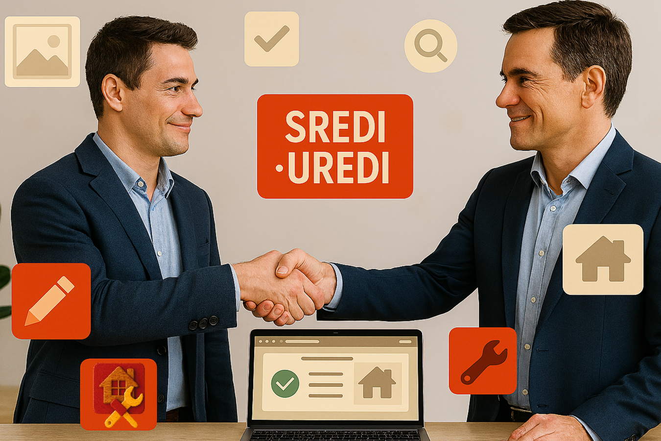 Partnerski odnos Sredi-Uredi i poslovnih saradnika u digitalnom okruženju Poslovne osobe se rukuju ispred laptopa, okruženi digitalnim ikonama alata i znakom SREDI-UREDI