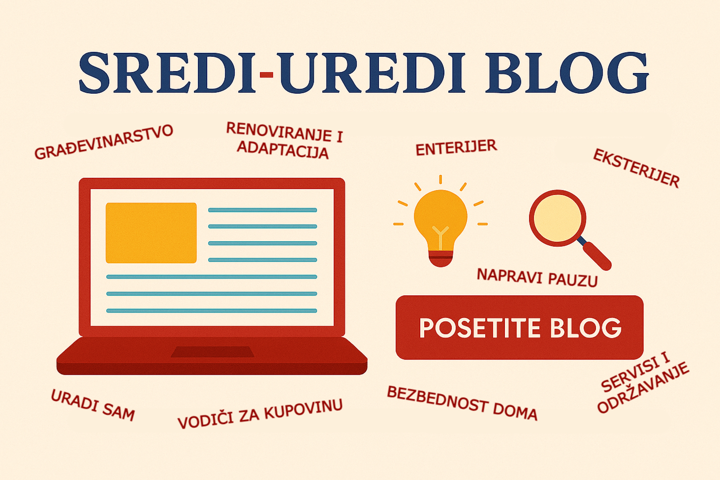Sredi‑Uredi Blog — Saveti, ideje i vodiči za uređenje doma Promotivna ilustracija za Sredi‑Uredi blog sa prikazom laptopa, ikonama i pozivom na akciju „Posetite blog“